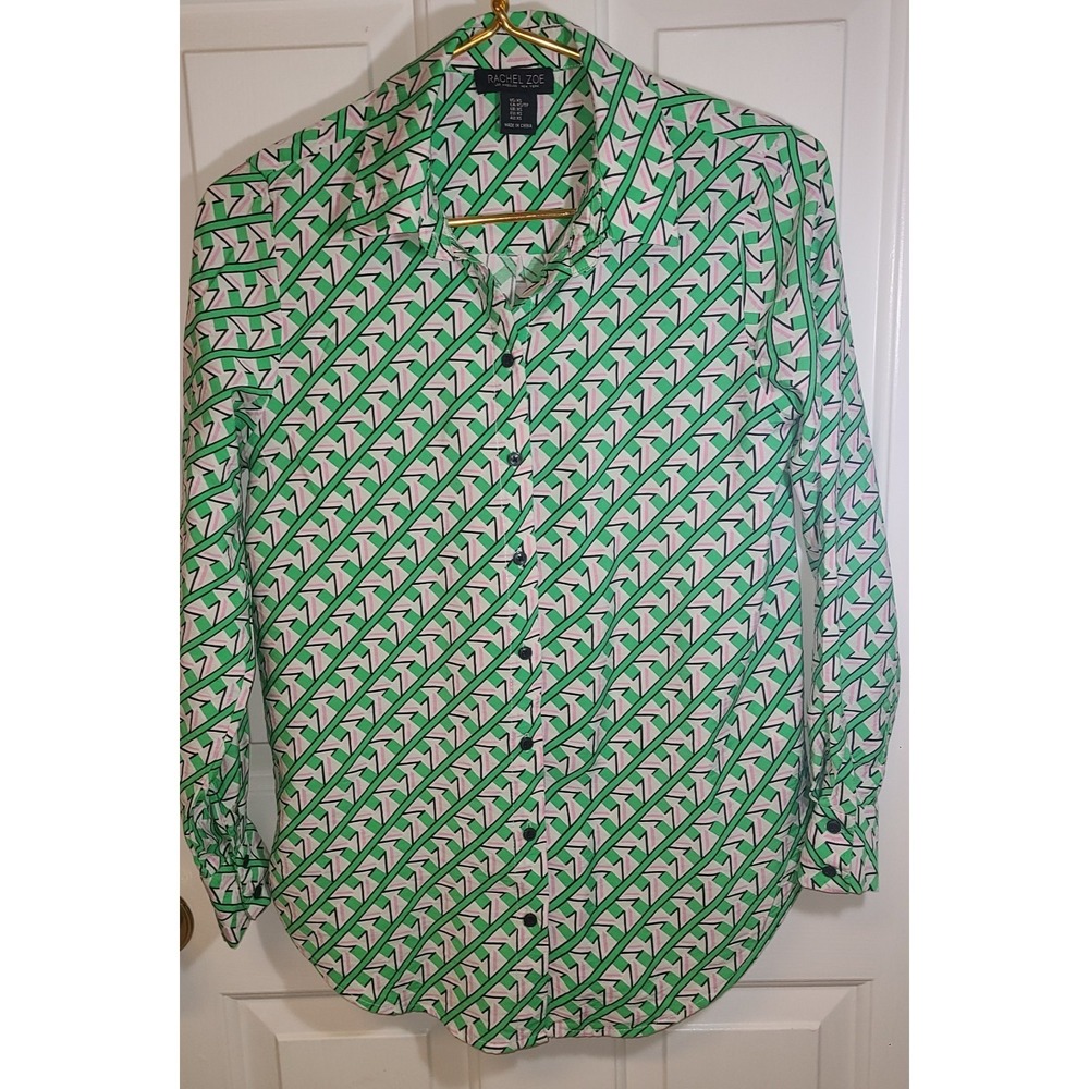 Rachel Zoe Ladies geometrical pattern Green Pink Blouse Shirt #Size Xs Lady Boss